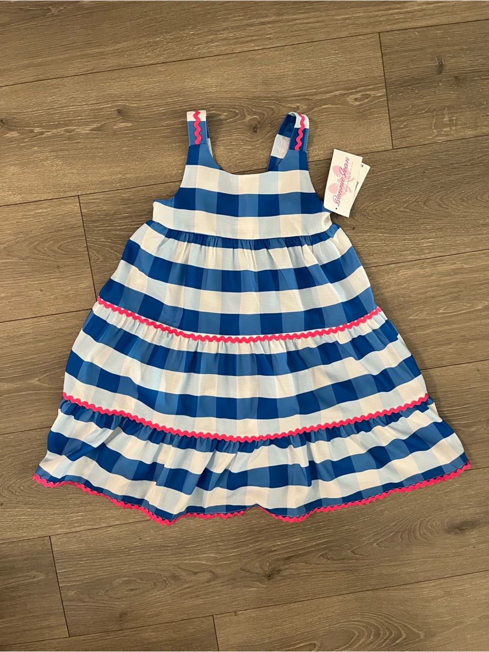 NWT Bonnie Jean Blue and White Gingham Tank Dress with Pink Trim Size 6x